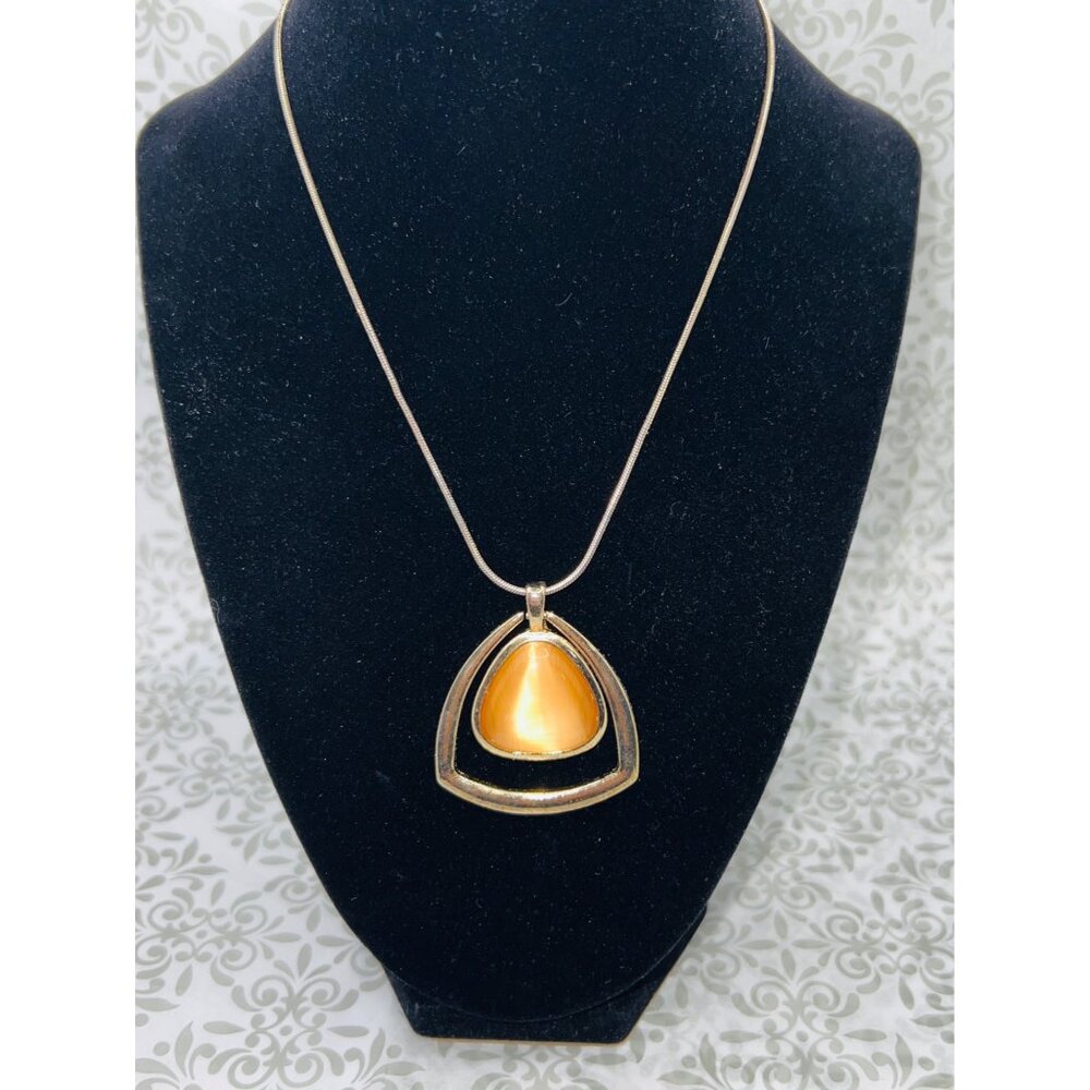 Triangular Pendant Necklace With Orange Stone In Gold-Tone Base Adj Chain 9.25”